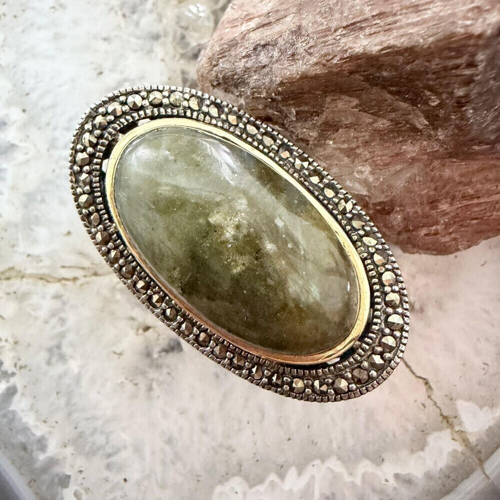 Sterling Silver & 14K Large Oval Jasper and Marcasite Fashion Ring S 8 For Women